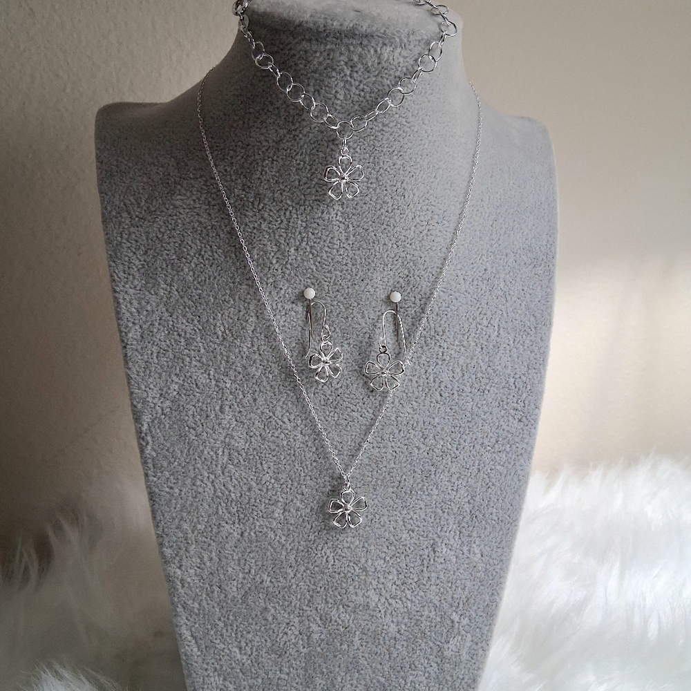 Dainty Flower Shape,925 Italy Stamped Silver Necklace, Earrings, Bracelet Set